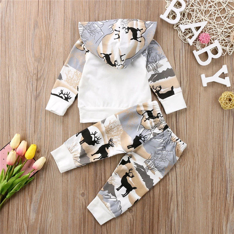 Newborn Baby Boys Girl Deer Hooded Tops Sweater And Pant