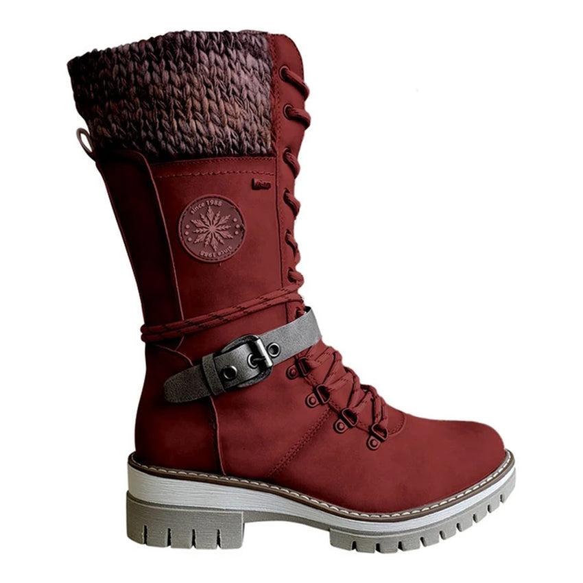 Women Winter Buckle Lace Knitted Mid-calf Boots