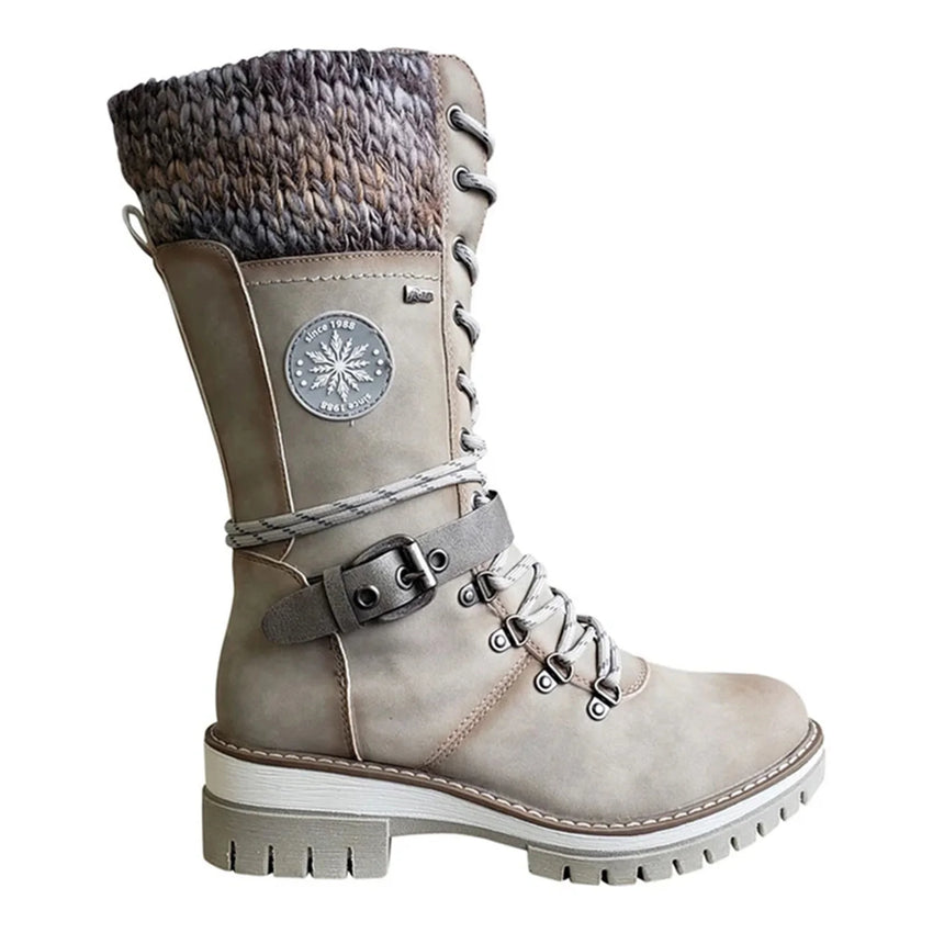 Women Winter Buckle Lace Knitted Mid-calf Boots