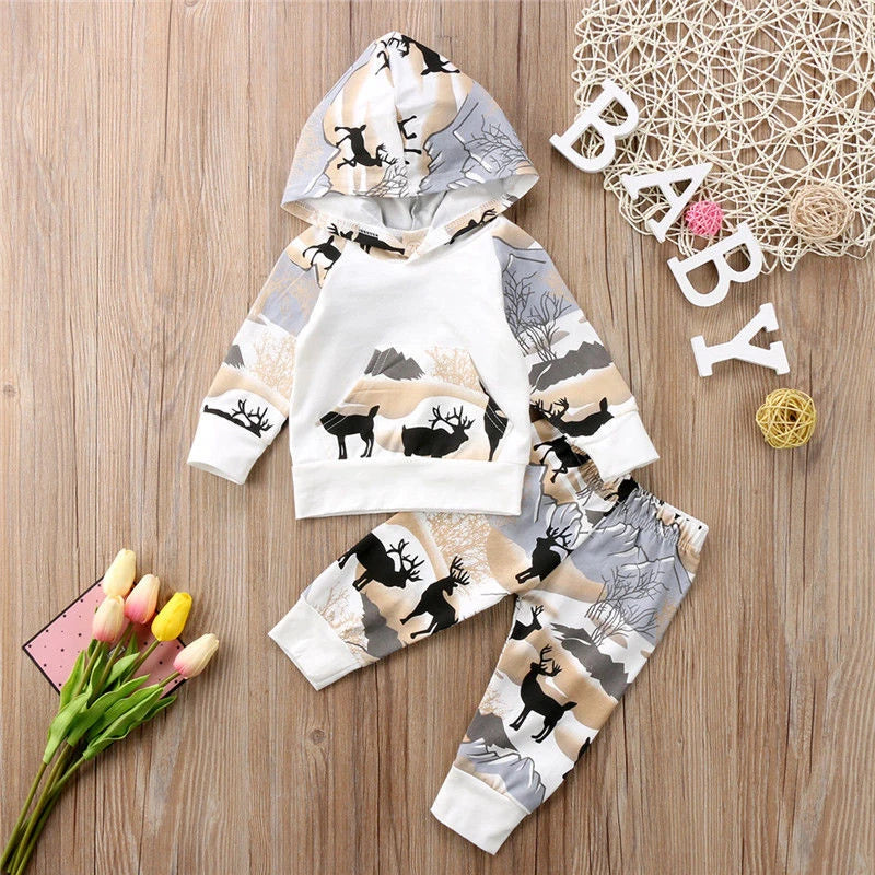 Newborn Baby Boys Girl Deer Hooded Tops Sweater And Pant