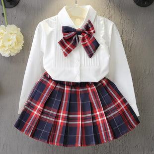 Girls  Cute Dress Long-Sleeve Knitted Pullover + Dress Bow Tie