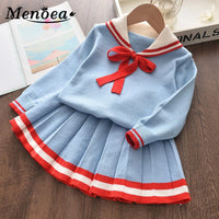 Girls  Cute Dress Long-Sleeve Knitted Pullover + Dress Bow Tie