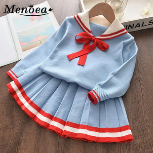 Girls  Cute Dress Long-Sleeve Knitted Pullover + Dress Bow Tie