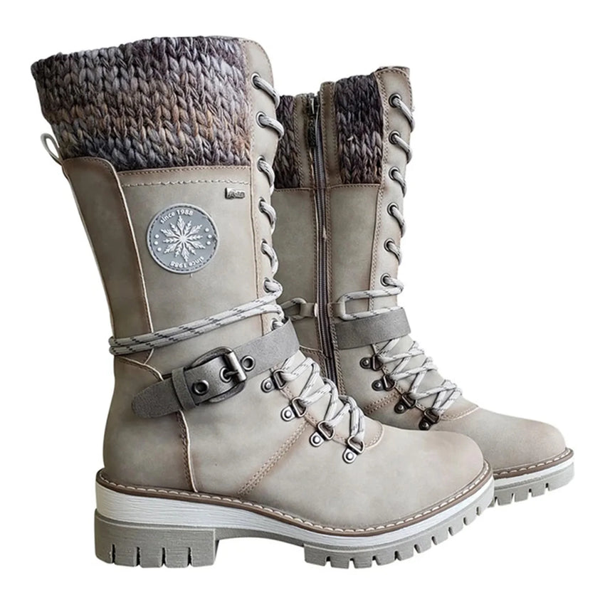 Women Winter Buckle Lace Knitted Mid-calf Boots