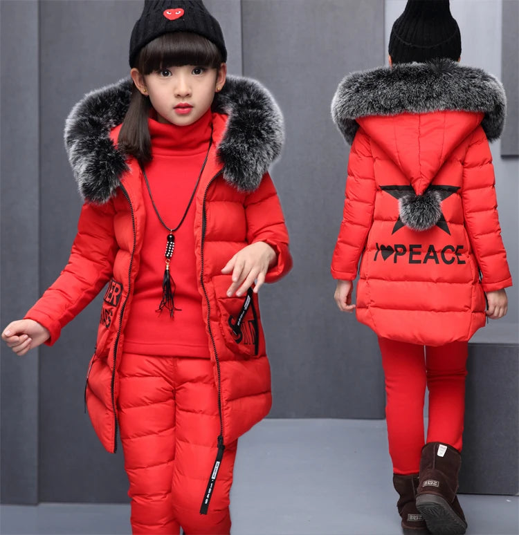 Girls 3 Pieces Clothes Coat With Fur Hood