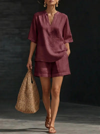 Ladies V-Neck Short Sleeve Casual Loose Shorts Two-Piece Set