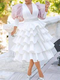 White Long Puff Sleeve Dress