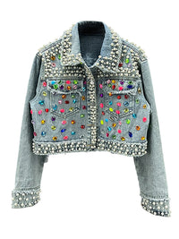 Women's Denim Coat Pearls Colored Beaded Crystal Long Sleeve