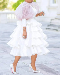 White Long Puff Sleeve Dress