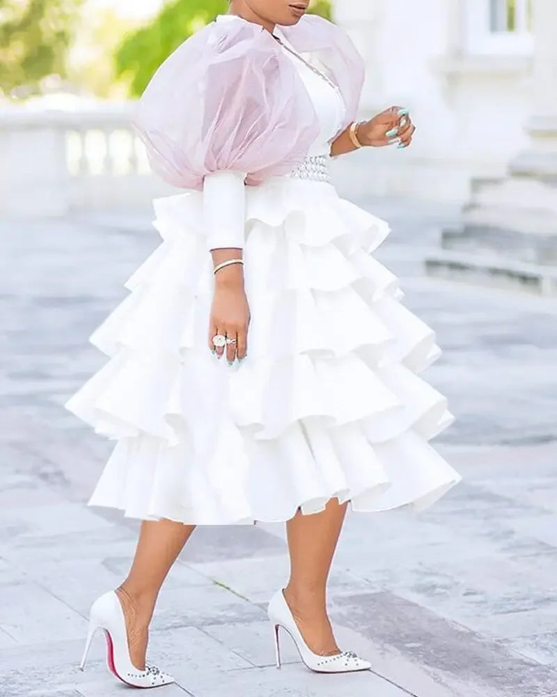 White Long Puff Sleeve Dress