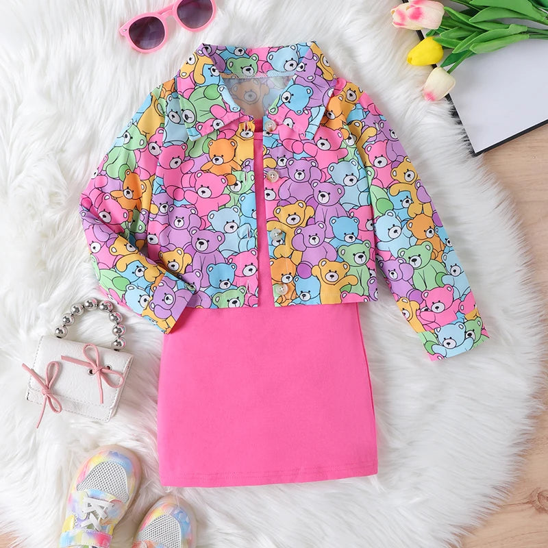 Girls Clothes 2Pcs  Sleeveless  Dress + Long Sleeve Bear Print Coat