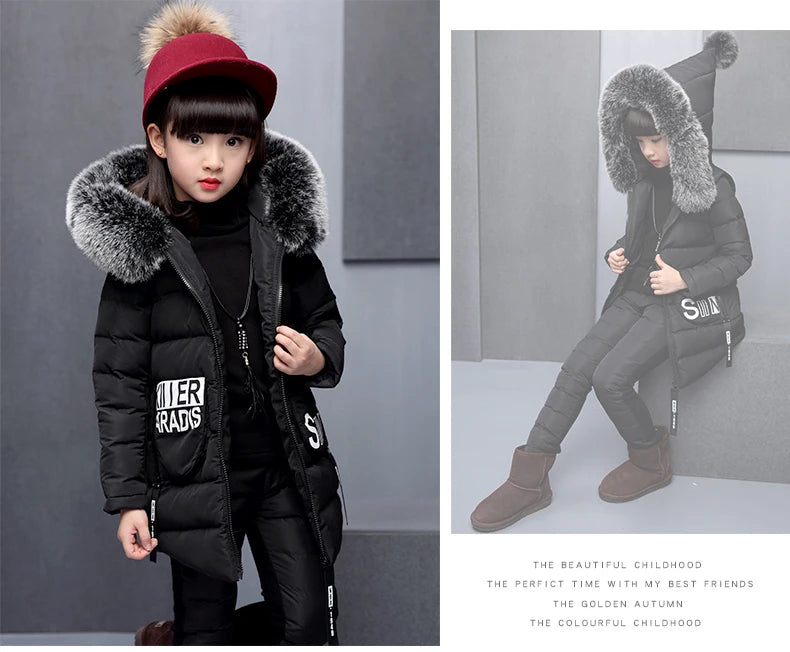 Girls 3 Pieces Clothes Coat With Fur Hood