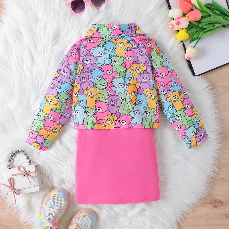 Girls Clothes 2Pcs  Sleeveless  Dress + Long Sleeve Bear Print Coat