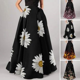 Women High-waist Long  Flower Printed Skirt