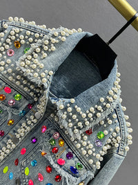 Women's Denim Coat Pearls Colored Beaded Crystal Long Sleeve