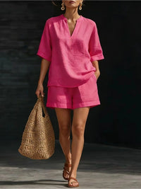 Ladies V-Neck Short Sleeve Casual Loose Shorts Two-Piece Set
