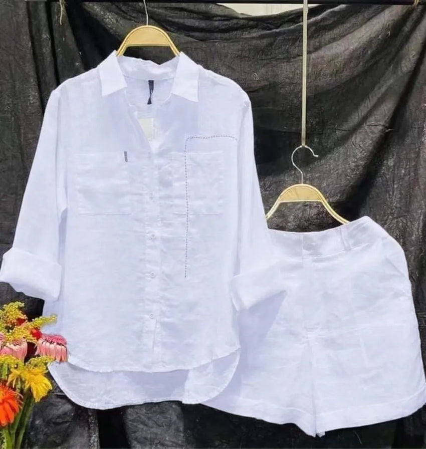 2 Piece Set For Women White Long Sleeve Shirt And Shorts