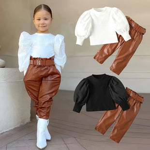 Leather Pants with Belt 2pcs For Girls