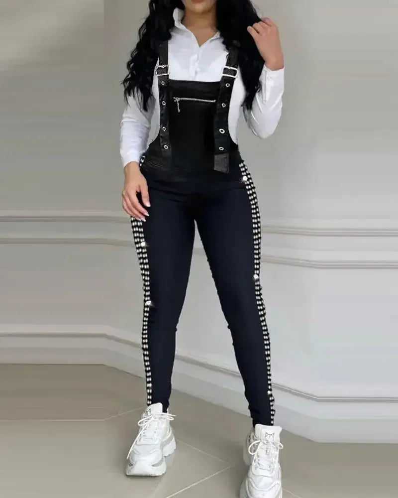 women's Rhinestone Decor Buckled Jumpsuit