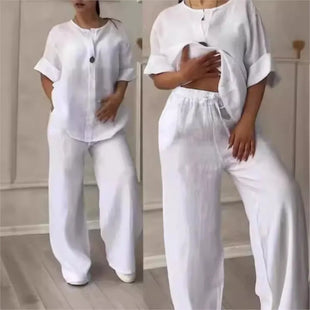 Women's White 2 Piece Set Suit Long  Wide Leg Trousers Casual Cotton