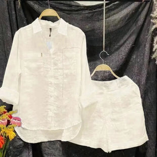 2 Piece Set For Women White Long Sleeve Shirt And Shorts