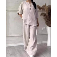 Women's White 2 Piece Set Suit Long  Wide Leg Trousers Casual Cotton