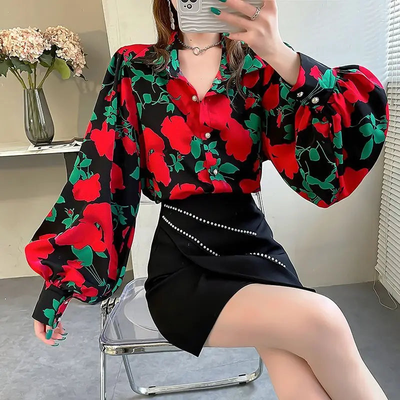 Women Flip Collar Bishop Sleeve Floral Loose Chiffon Thin Style Tops