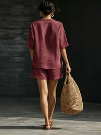 Ladies V-Neck Short Sleeve Casual Loose Shorts Two-Piece Set