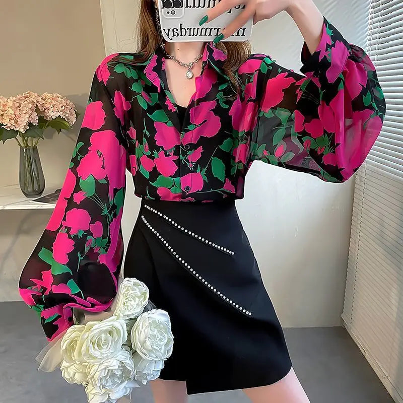 Women Flip Collar Bishop Sleeve Floral Loose Chiffon Thin Style Tops