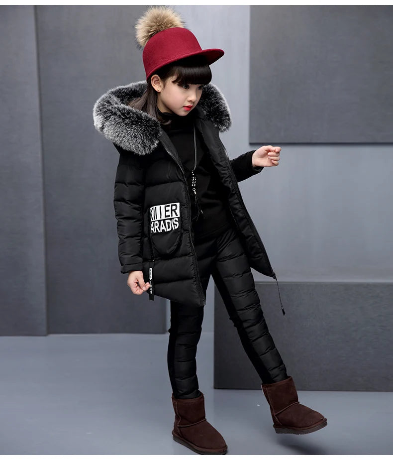 Girls 3 Pieces Clothes Coat With Fur Hood