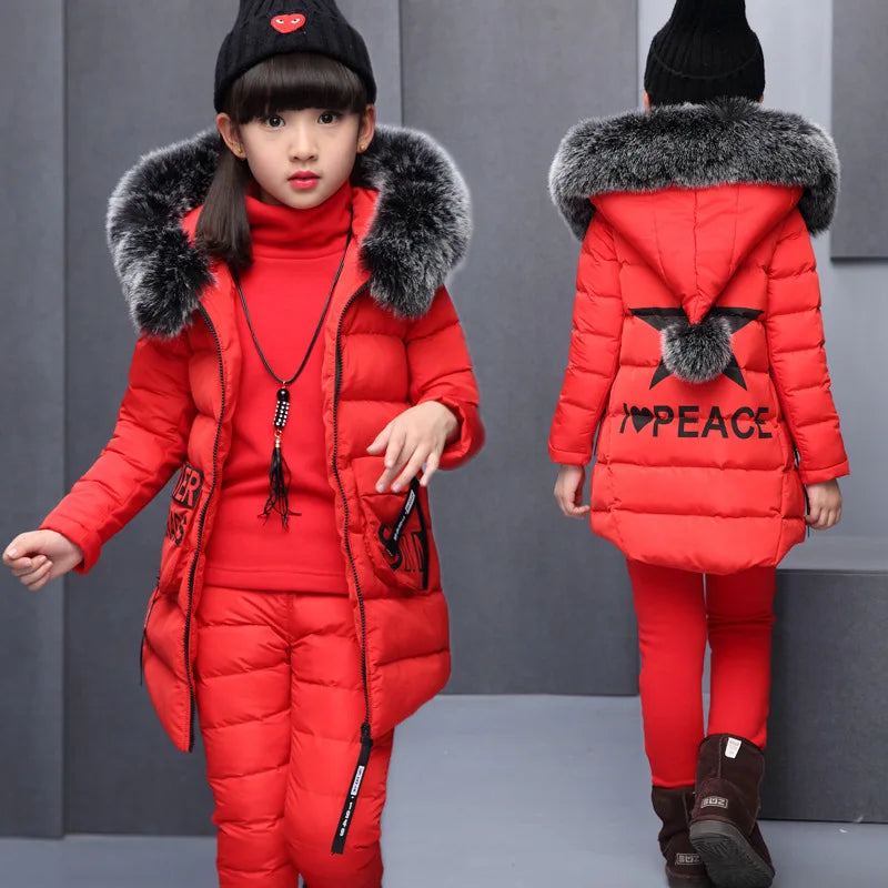 Girls 3 Pieces Clothes Coat With Fur Hood