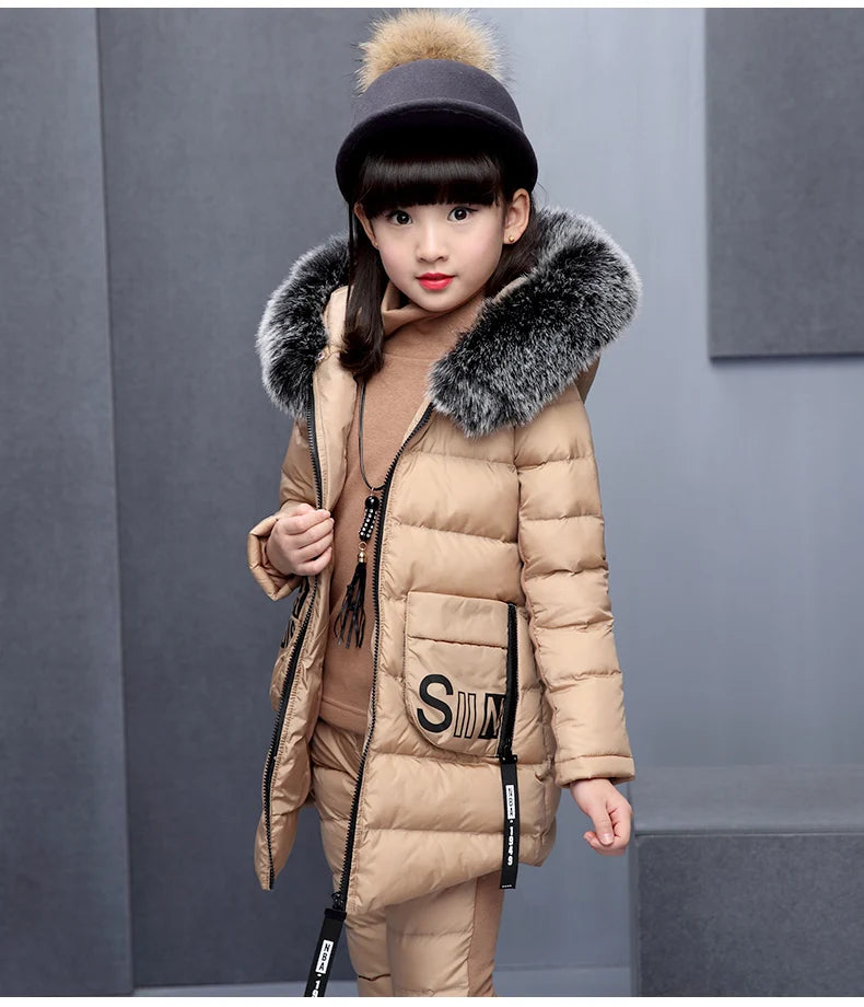 Girls 3 Pieces Clothes Coat With Fur Hood