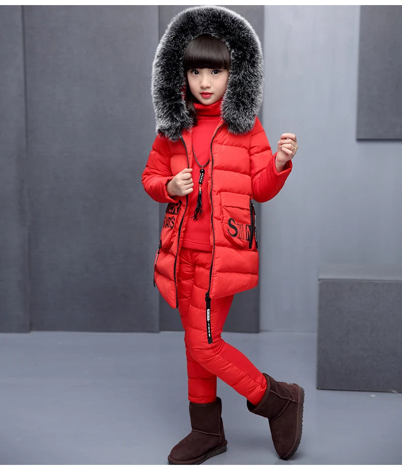 Girls 3 Pieces Clothes Coat With Fur Hood