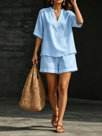 Ladies V-Neck Short Sleeve Casual Loose Shorts Two-Piece Set