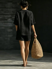 Ladies V-Neck Short Sleeve Casual Loose Shorts Two-Piece Set
