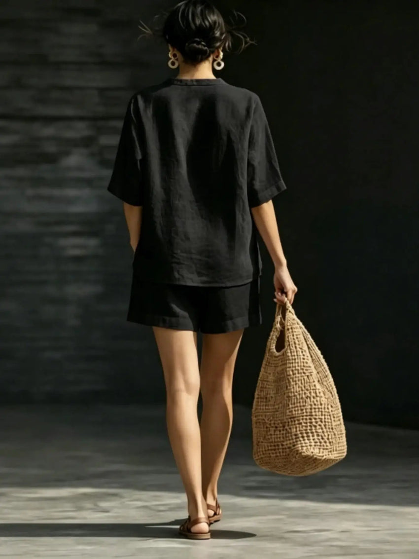 Ladies V-Neck Short Sleeve Casual Loose Shorts Two-Piece Set