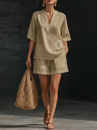 Ladies V-Neck Short Sleeve Casual Loose Shorts Two-Piece Set