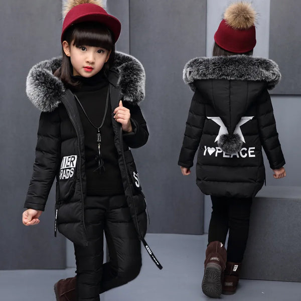 Girls 3 Pieces Clothes Coat With Fur Hood