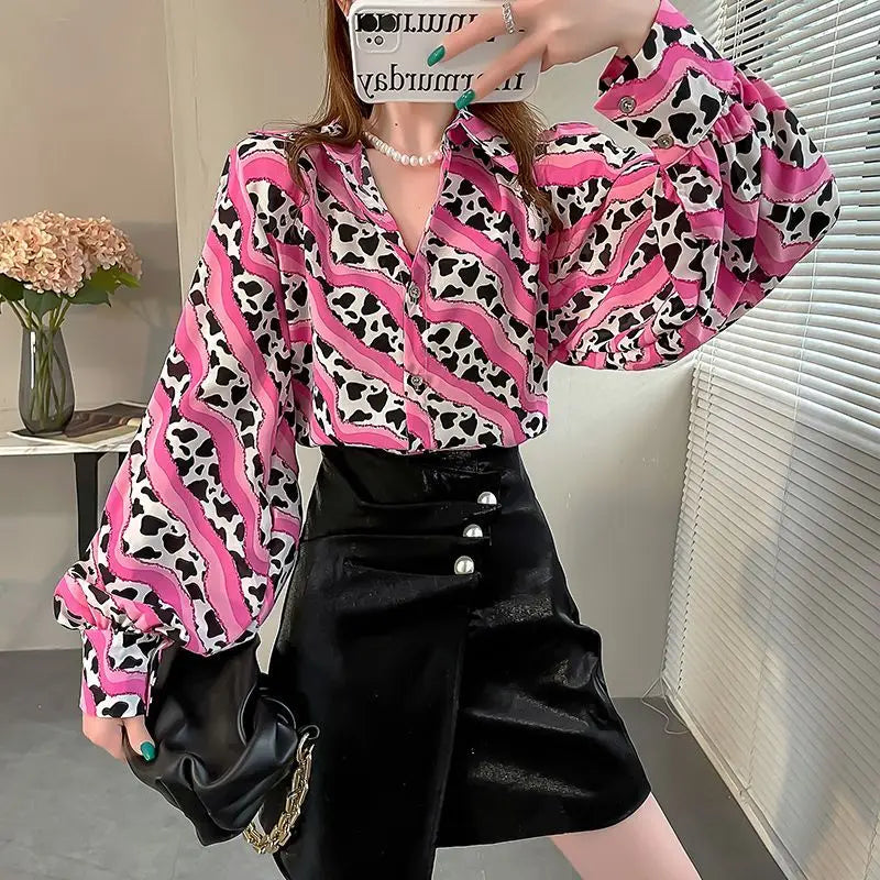 Women Flip Collar Bishop Sleeve Floral Loose Chiffon Thin Style Tops