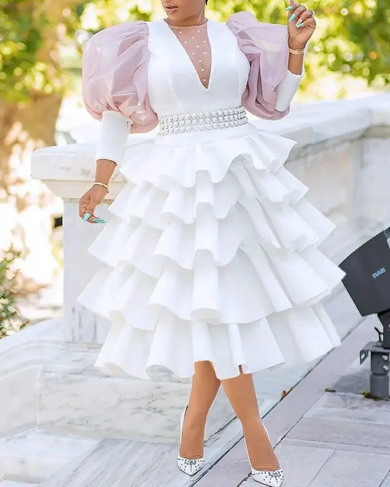 White Long Puff Sleeve Dress